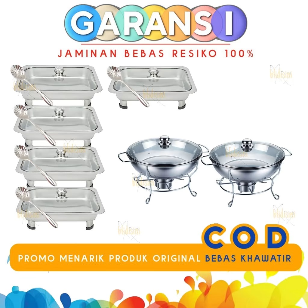 Jual Paket Prasmanan Set Stainless 2 Bulat 5 Kotak Tutup Full Kaca