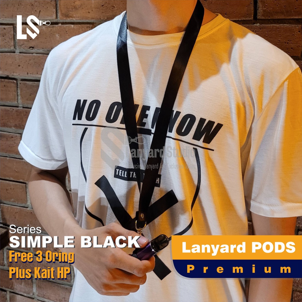 Jual Lanyard PODS Premium Series SIMPLE BLACK POLOS FREE 3 Oring Plus