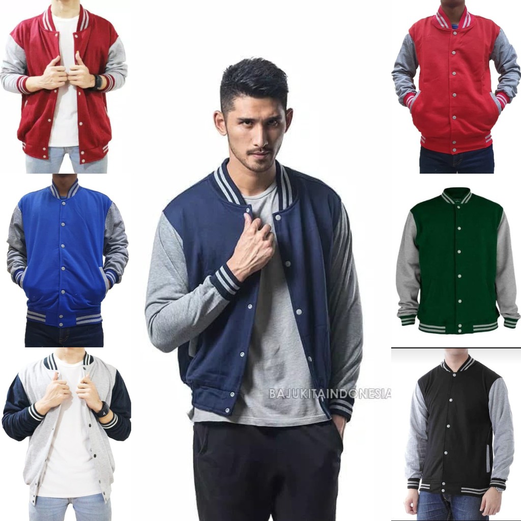 Jual JAKET POLOS BASEBALL VARSITY LIST ABU SWEATER PRIA WANITA FASHION