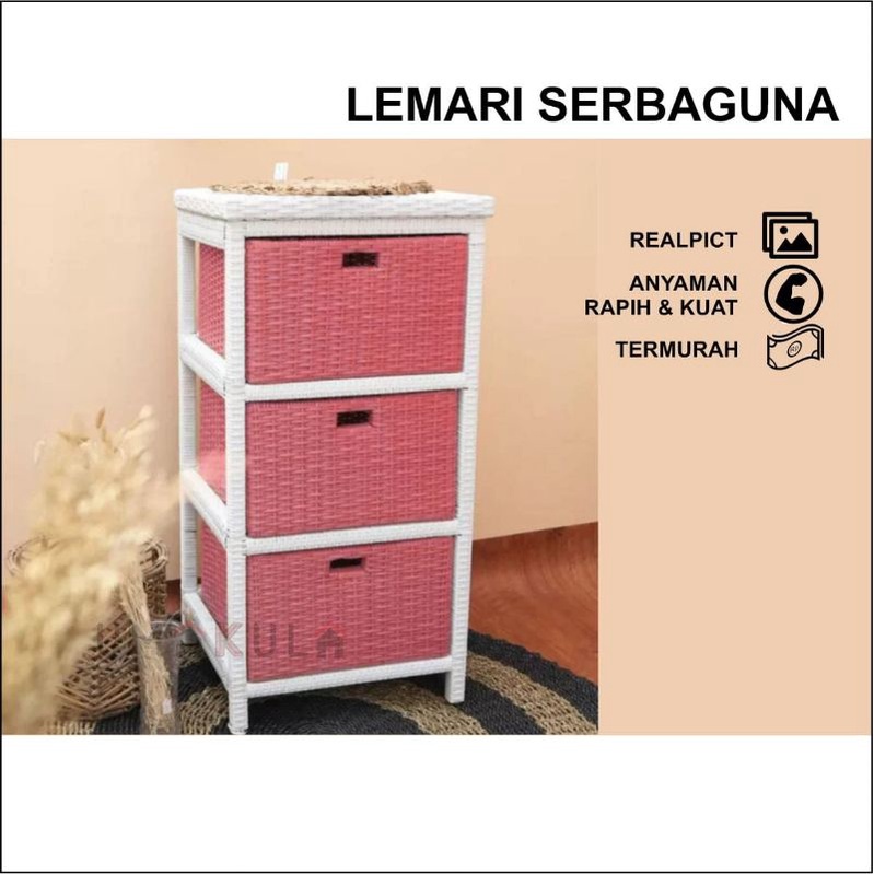 Jual RAK LEMARI 3 LACI SUSUN ATAS ROTAN SINTETIS ANYAM RANGKA PUTIH