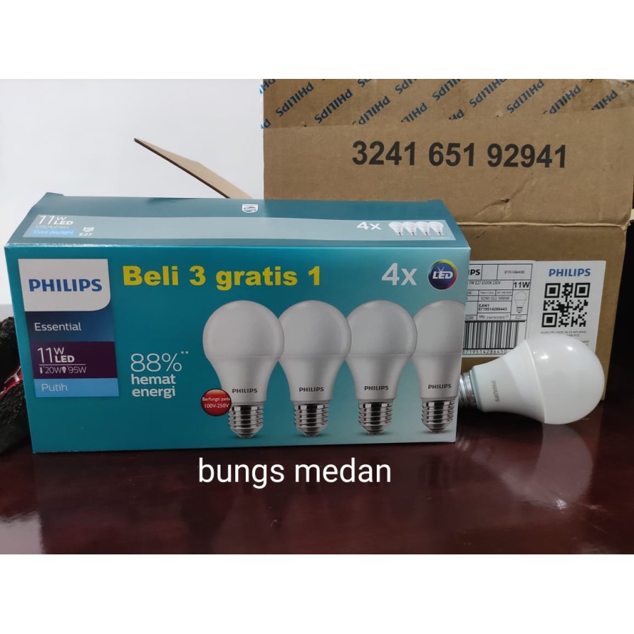 Jual LAMPU LED PHILIPS 11W BULB ESSENTIAL PUTIH 11 WATT 11 W ISI 4 PACK