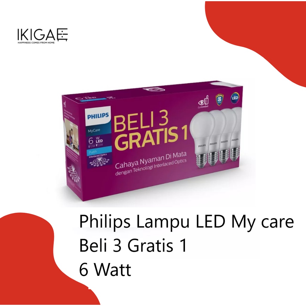 Jual PHILIPS LAMPU LED MYCARE PACK BULB 6W 6500K PUTIH BELI 3 GRATIS 1