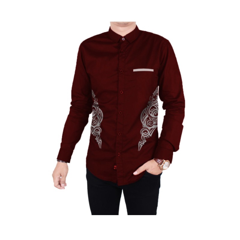 Jual Fortklass Putra Maroon Kemeja Polos Pria Lengan Panjang Formal