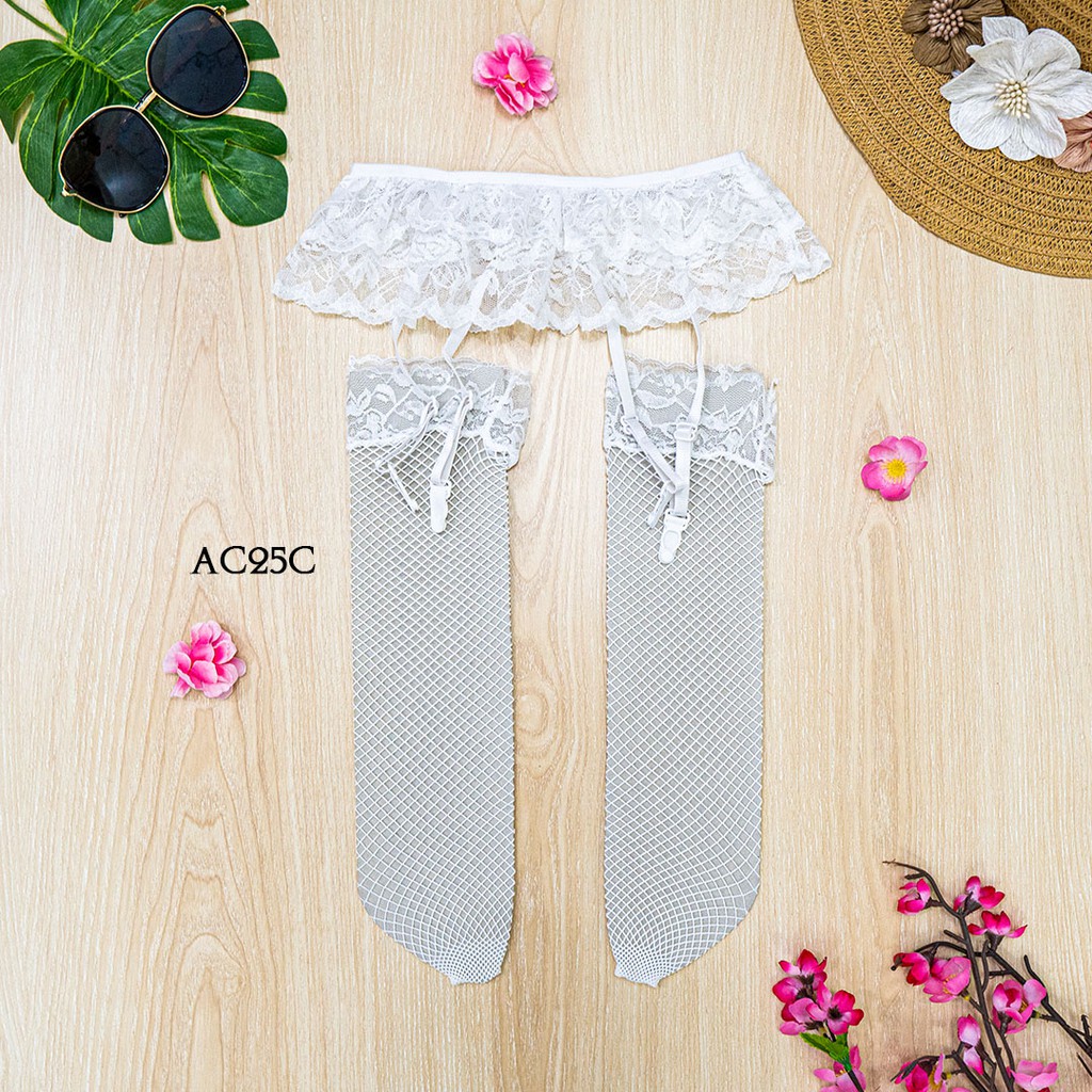 Jual Set Stocking Seksi Garter Belt Sabuk Paha Lace Putih AC25C