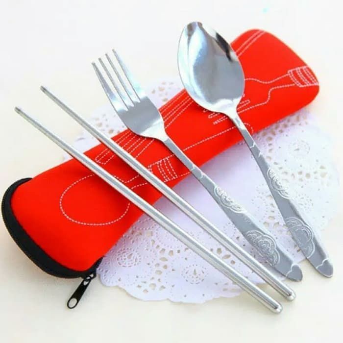 Jual Sendok Set Travel 3 In 1 Stainless Pouch All In One Garpu