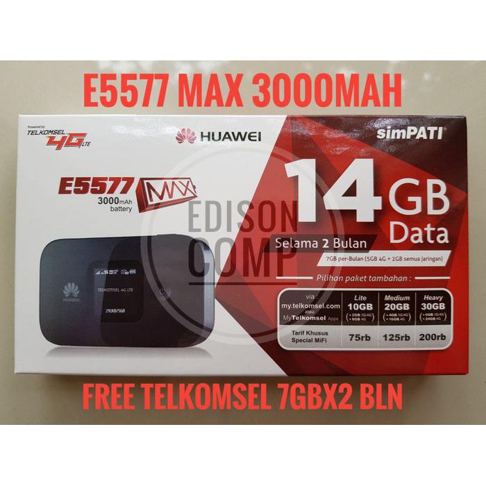 Jual MIFI MODEM WIFI ROUTER 4G HUAWEI E5577 FREE TELKOMSEL 14GB 2BLN