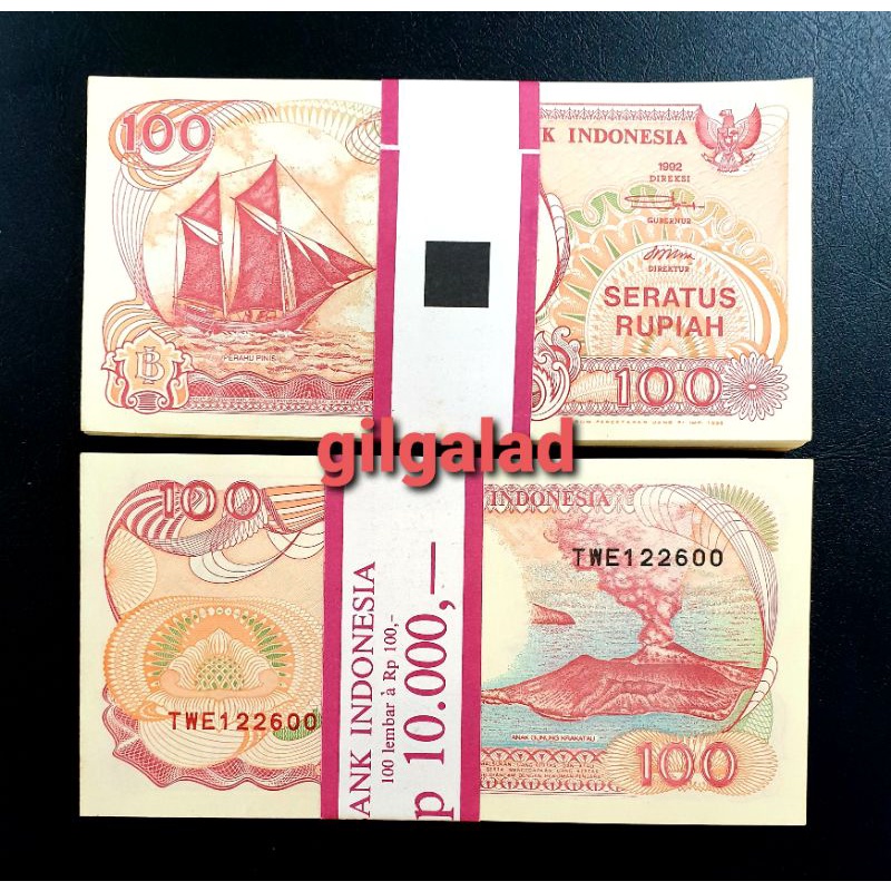 Jual UANG KUNO 100 RUPIAH PERAHU PHINISI 1992 PER GEPOK 100 Lbr