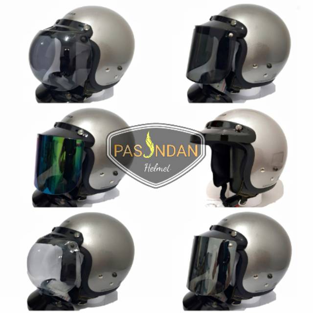 Jual Helm CARGLOSS Retro Silver Gloss Paket Kaca Datar Dan Kaca Cembung