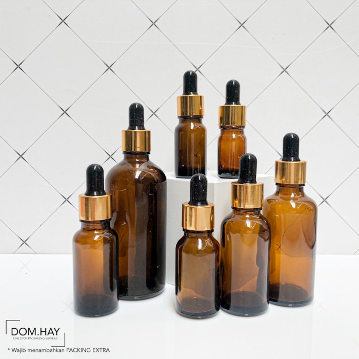 Jual Botol Pipet Kaca Cokelat Tebal Amber Tutup Gold Hitam Face Serum