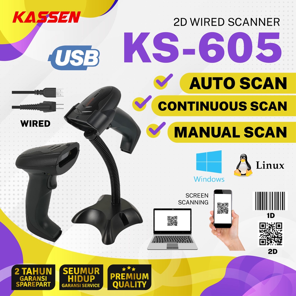 Jual Scanner Barcode 2D Kassen KS 605 2D Koneksi USB With Stand