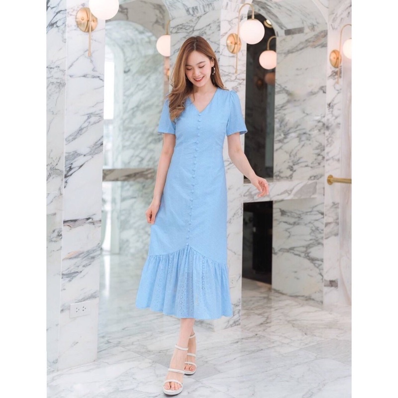 Jual Ajumma 아줌마 Dress Eyelet Korean Spring Dinner Mewah Elegant Pastel