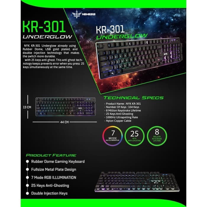 Jual NYK KR 301 Underglow Full Size Metal Plate Gaming Keyboard