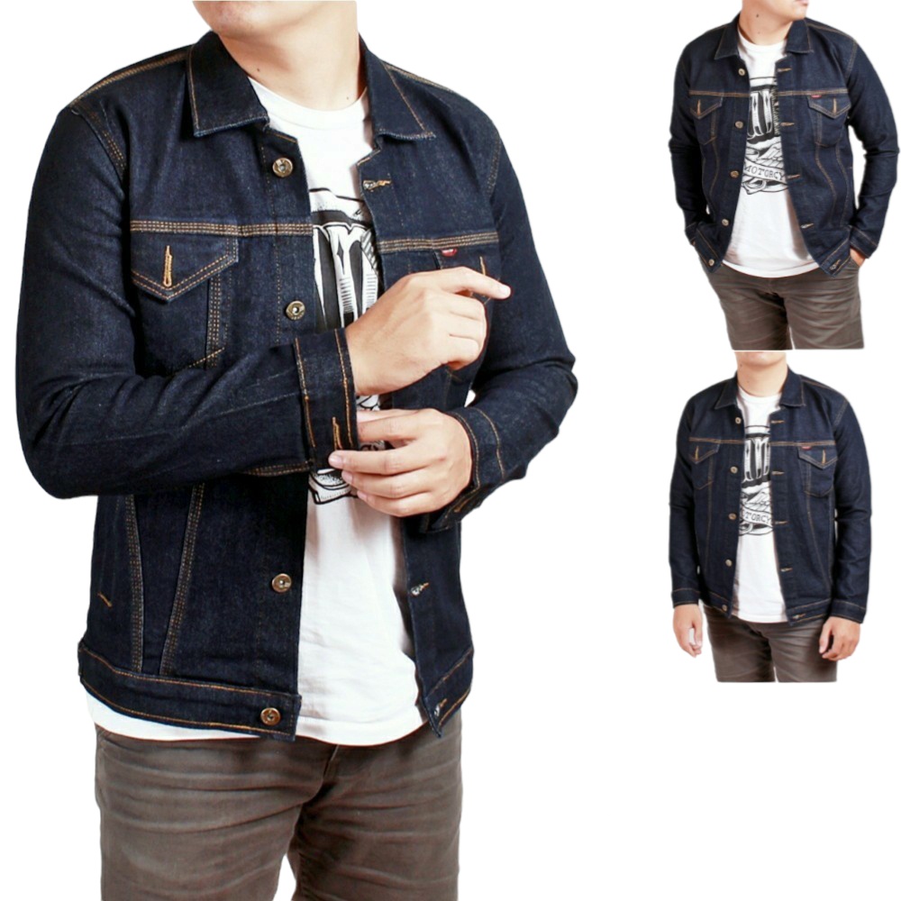 Jual Jaket Jeans Denim Pria Jumbo Big Size Cowok Snow Black Sandwash