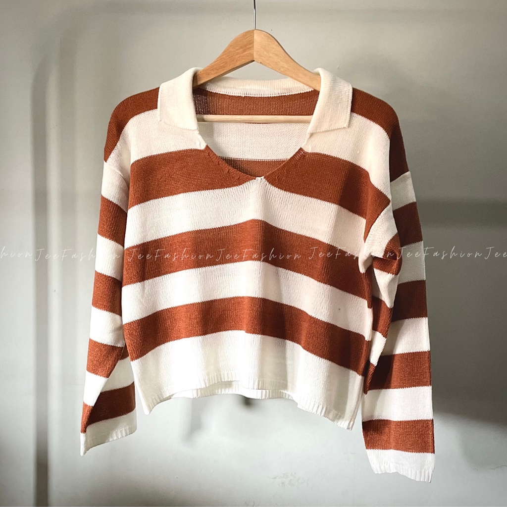 Jual Cod Baju Rajut Crop Wanita Stripe Garis Crop Top Blaster Fuji