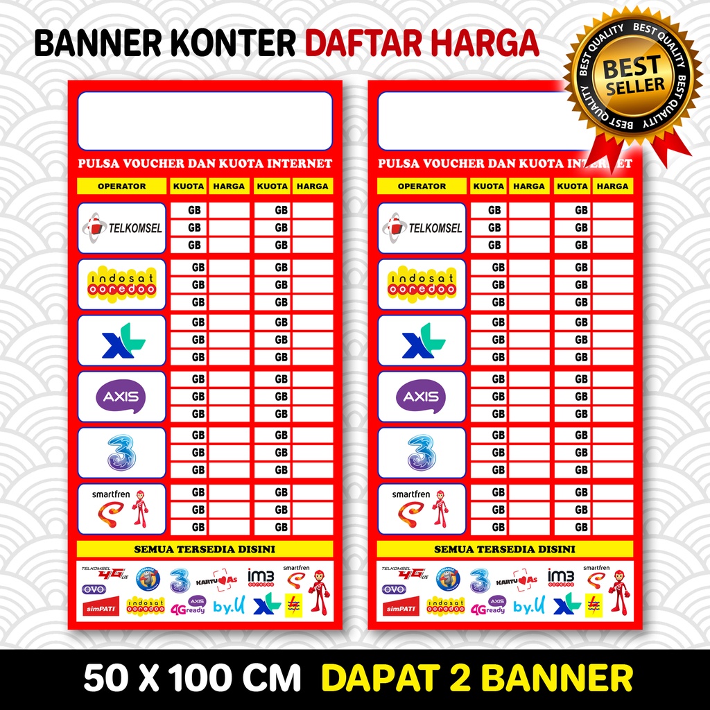 Jual BANNER KONTER PULSA KUOTA DAFTAR HARGA UKURAN 50X100 CM PAKET 2