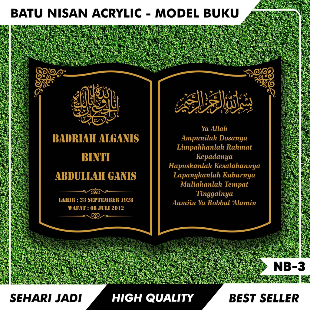 Jual Sehari Jadi Nisan Islam Model Buku Custom Akrilik Makam