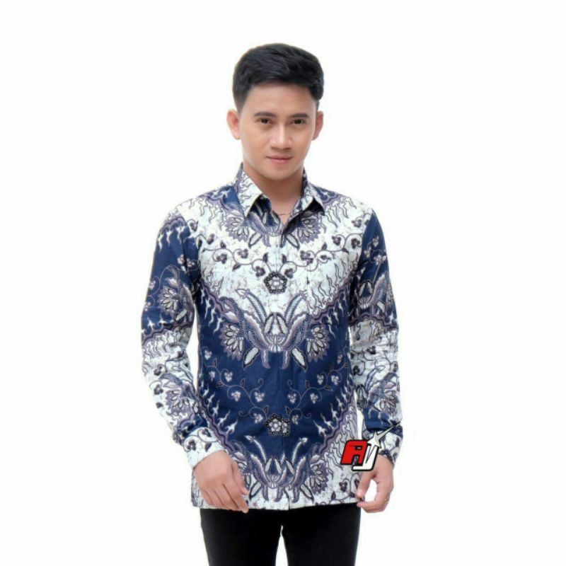 Jual Atasan Kemeja Batik Cowok Lengan Panjang Biru Dongker Mix Putih