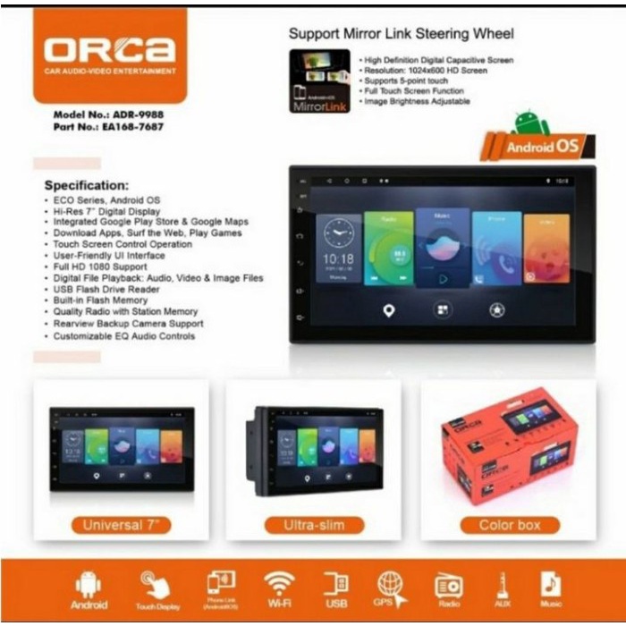 Jual Headunit ANDROID Deckless Double Din Mobil TV Orca 9988 7 Inch 7