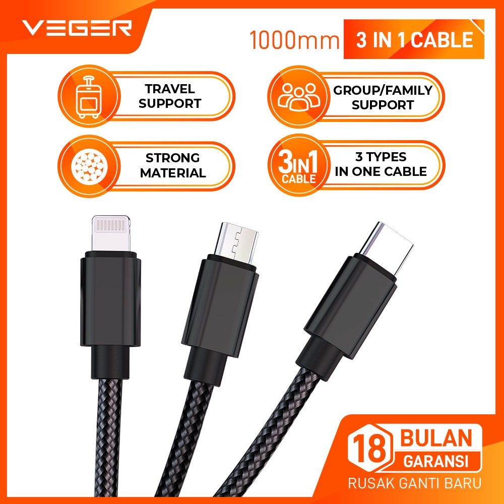 Jual VEGER Kabel Cable Charger 3IN1 USB Micro Type C Lightning