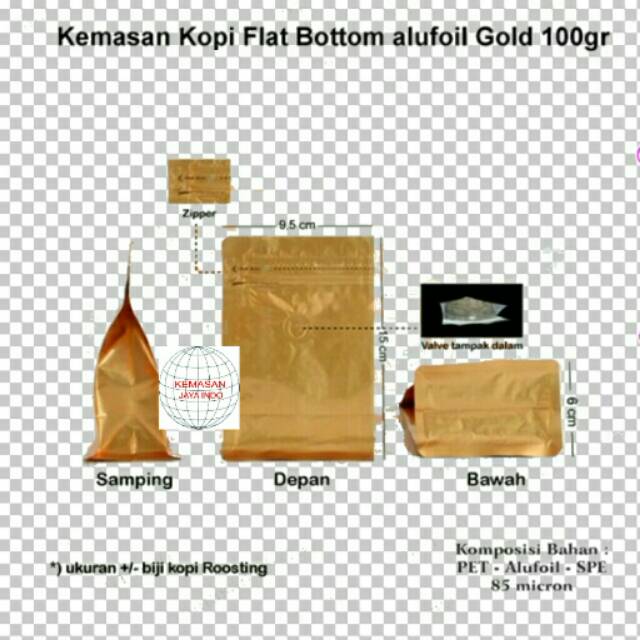 Jual Kemasan Kopi Flat Bottom Alufoil Emas Gram Zipper N Valve