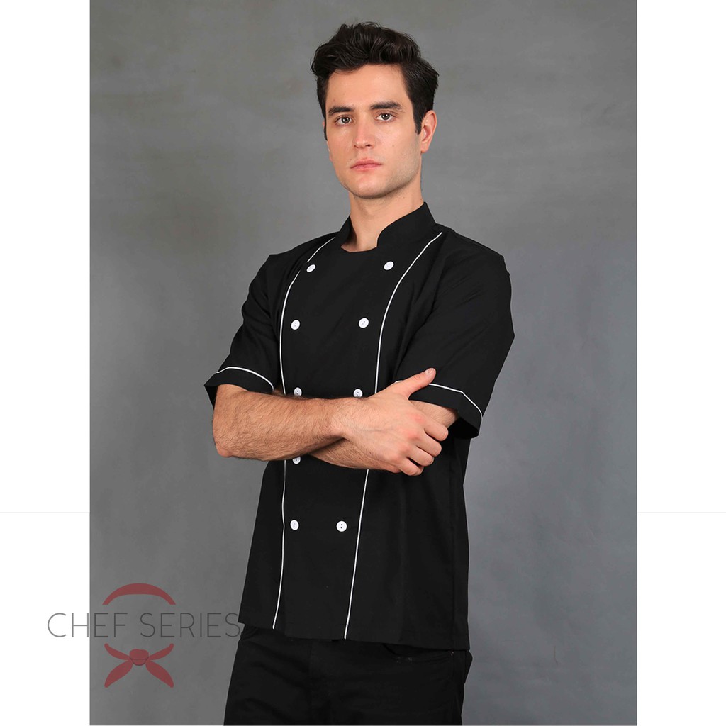 Jual Chef Series Basic Tangan Pendek Baju Koki Hitam Garis Putih