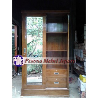 Jual Wardrobe Lemari Pakaian Minimalis Pintu Sliding Cermin Kayu