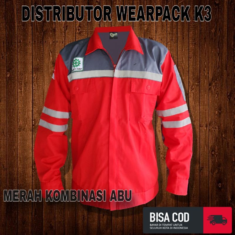 Jual Wearpack Safety Atasan Merah Abu Seragam Kerja Lapangan APD K3