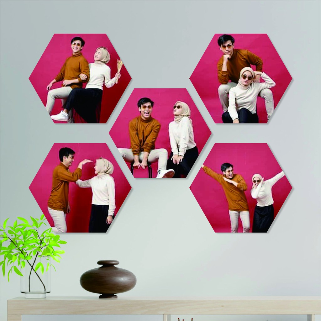 Jual Paket Cetak 5 Foto Segi Enam Hexagonal Cetak Foto Hiasan Dinding