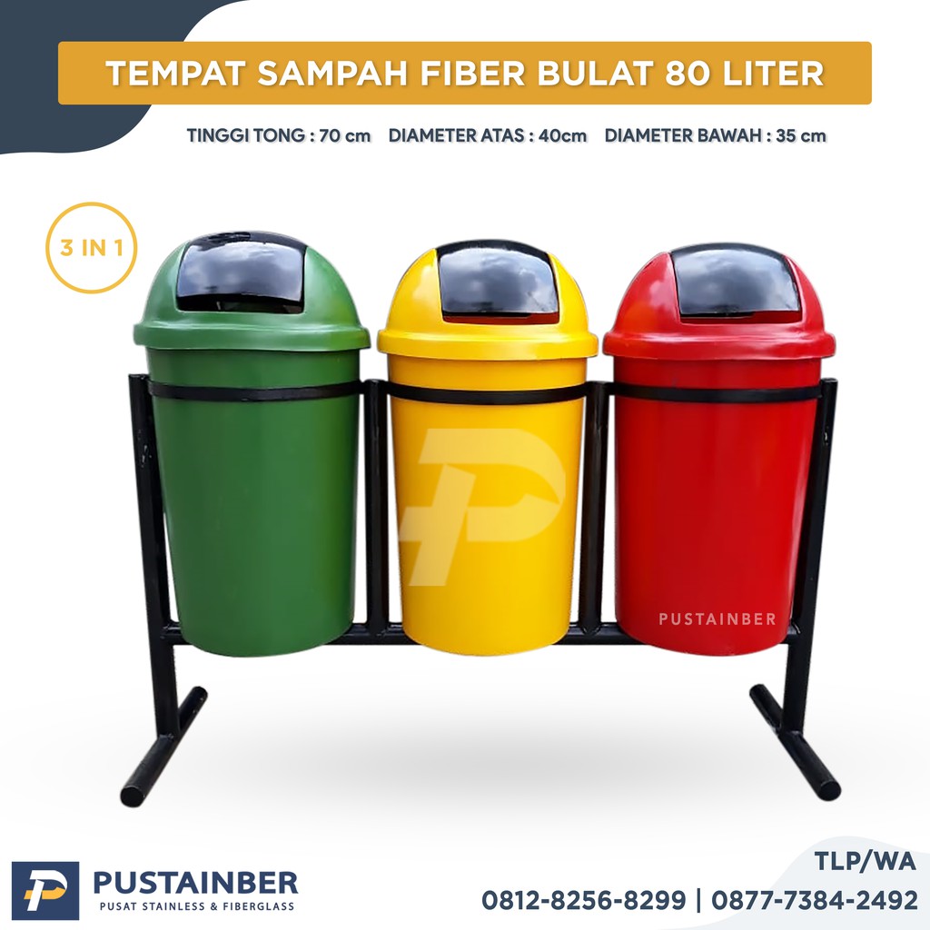 Jual Tempat Sampah Fiber Bulat 3 IN 1 80 Liter Tong Sampah Bak Sampah