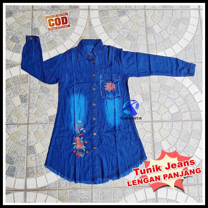 Jual Cuci Gudang Tunik Jeans Bordir Tambal Wanita Fit To Xl Lengan