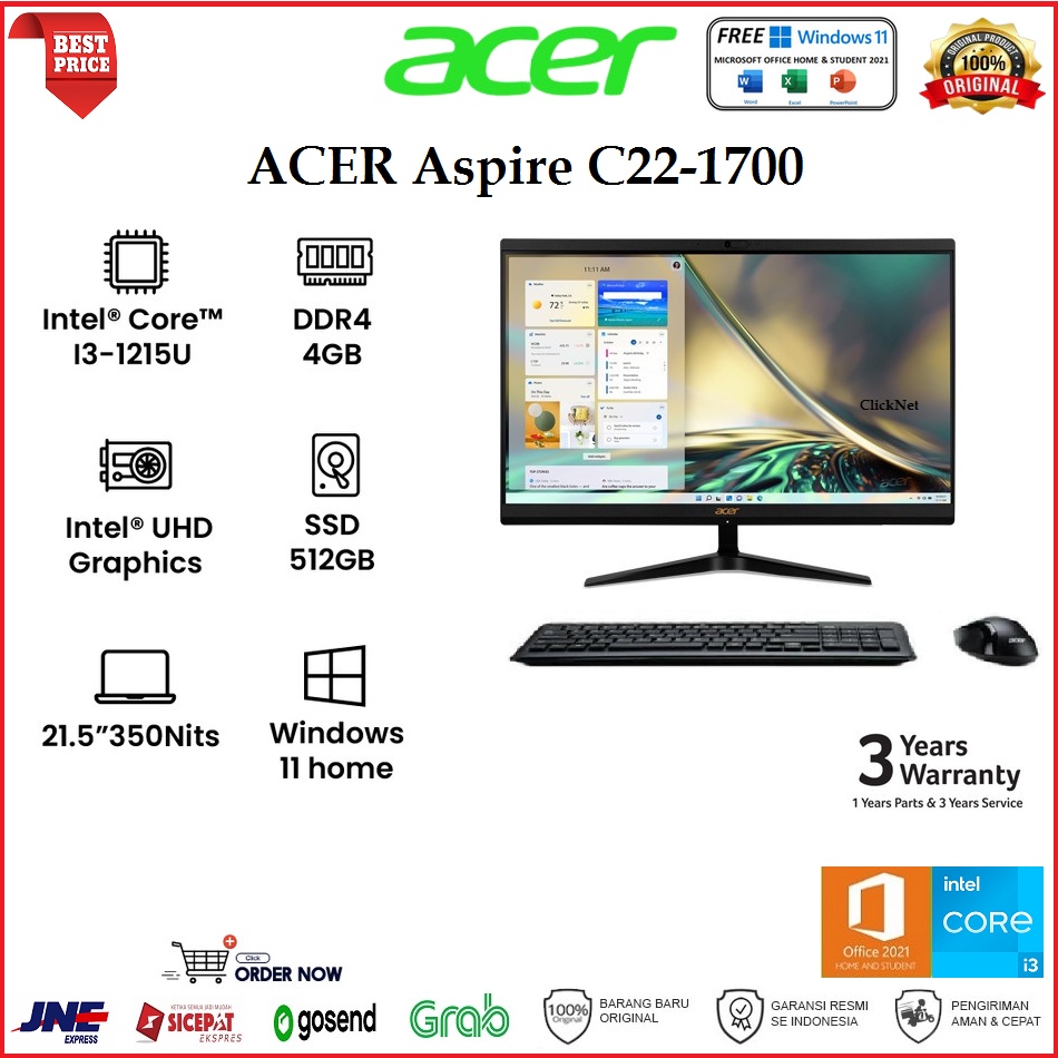 Jual ACER Aspire ALL IN ONE C22 1700 Intel I3 1215U 4GB 512GB SSD FHD