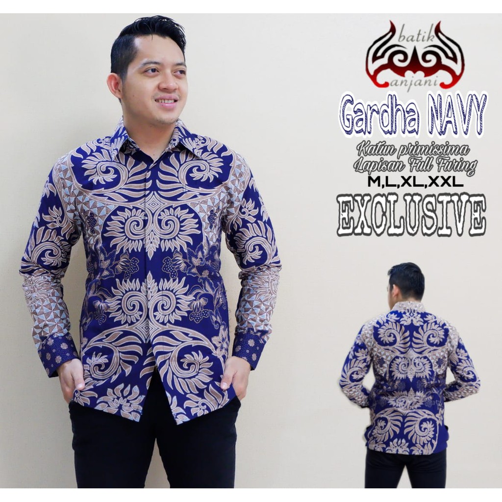 Jual Garda Navy Kemeja Batik Pria Lengan Panjang Katun Halus Full