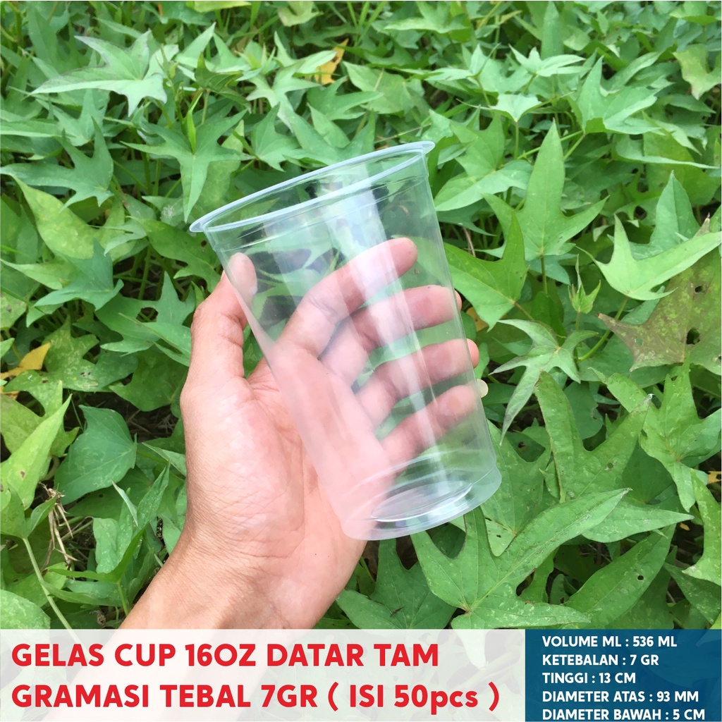 Jual GELAS CUP PLASTIK DATAR 16 OZ MEREK TAM TEBAL BERAT 7 GRAM ISI 50