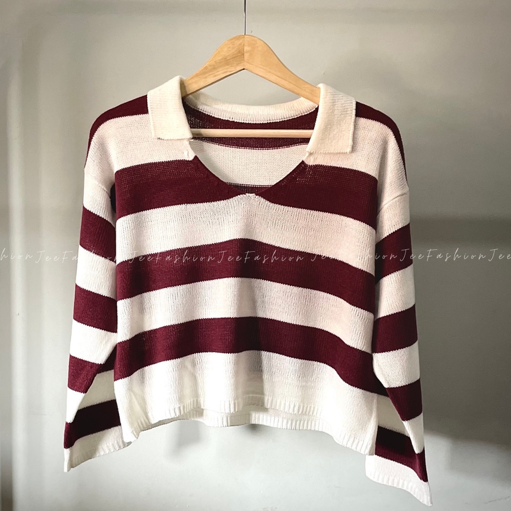 Jual Pusat Belanja COD Baju Rajut Crop Nita Stripe Garis Crop Top