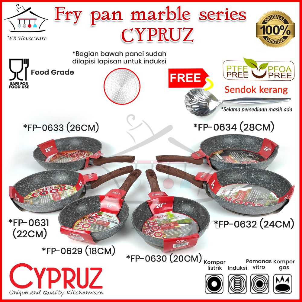 Jual CYPRUZ Fry Pan Marble Anti Lengket Keramik Gagang Kayu Anti Slip