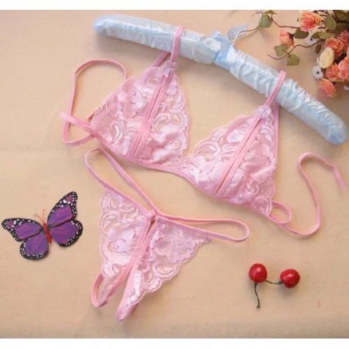 Jual Smile Set Lingerie Wanita Bahan Lace Tipis Kerah Deep V Neck Tanpa