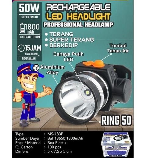 Jual COD SENTER KEPALA RECHARGEABLE LED HEADLIGHT MITSUYAMA 50 WATT MS