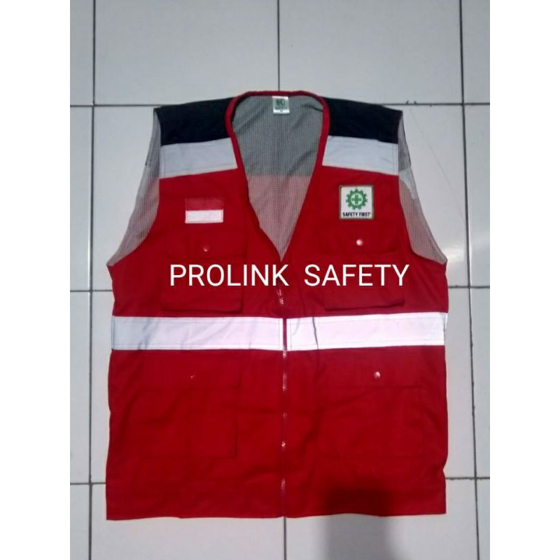 Jual ROMPI SAFETY FREE LOGO K3 BENDERA BAHAN DRILL MERAH KOMBINASI