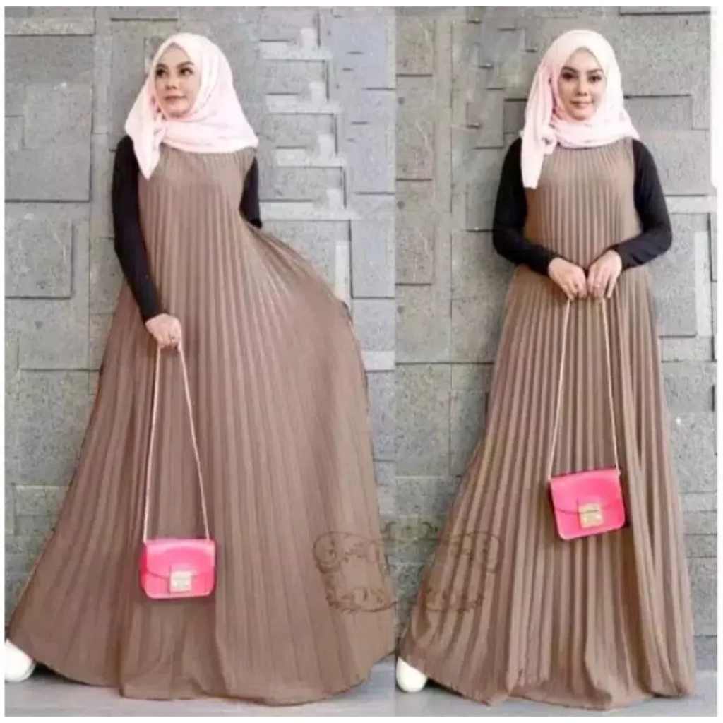 Jual Long Dress Full Plisket Jumbo Gamis Wanita Dewasa Tanpa Lengan