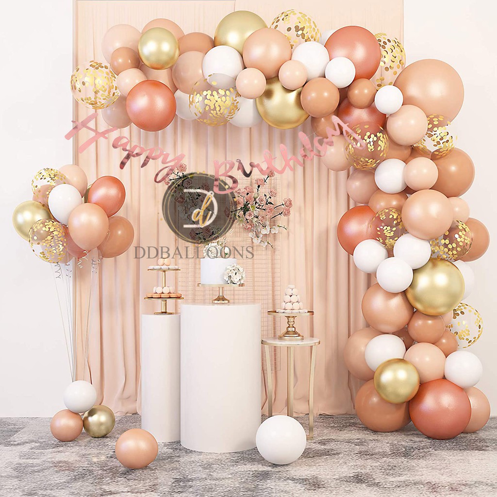 Jual DDBALLOONS PAKET ULANGTAHUN TEMA PEACH ROSEGOLD PUTIH GOLD CHROME