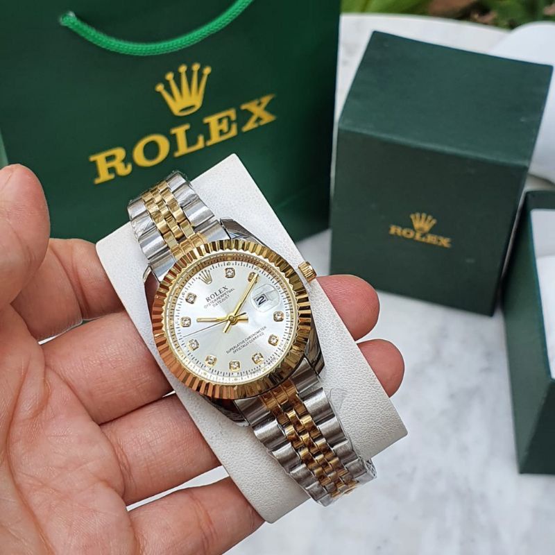 Jual Jam Tangan Wanita Rolex Rantai Body Bulat Gerigi Tanggal Aktif Box