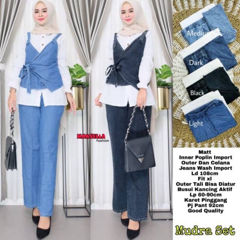 Jual Mudra One Set Marsela Kemeja Putih Wanita Celana Jeans Kulot Vest