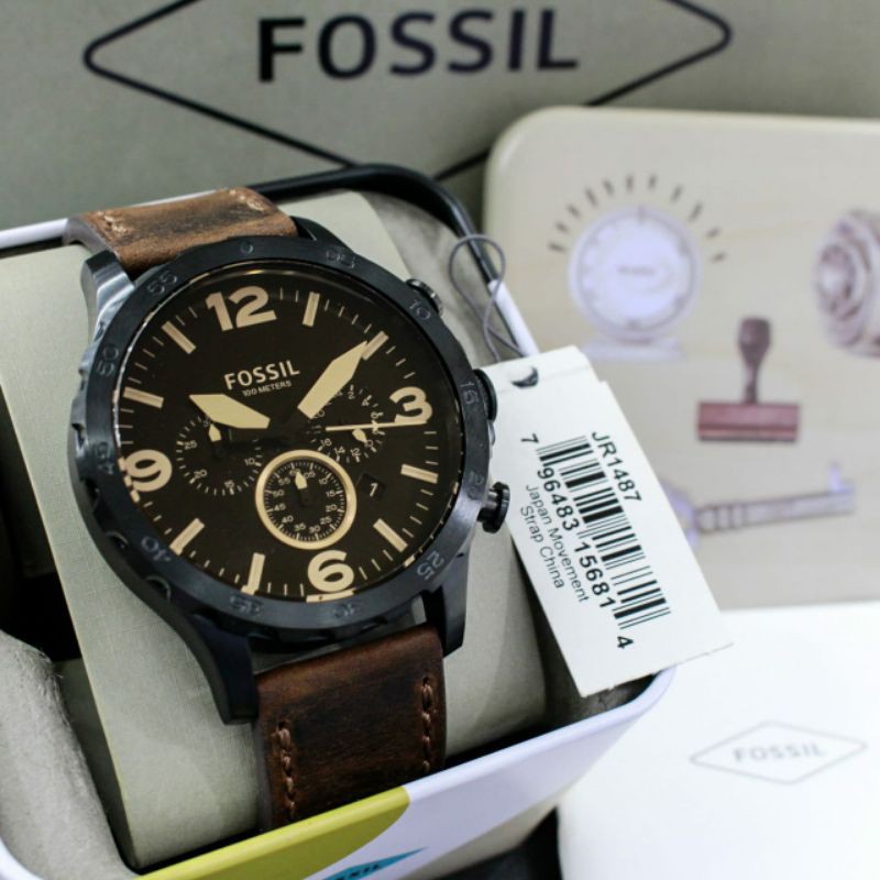 Jual Jam Tangan Pria Fossil Jr Nate Chronograph Brown Leather Strap