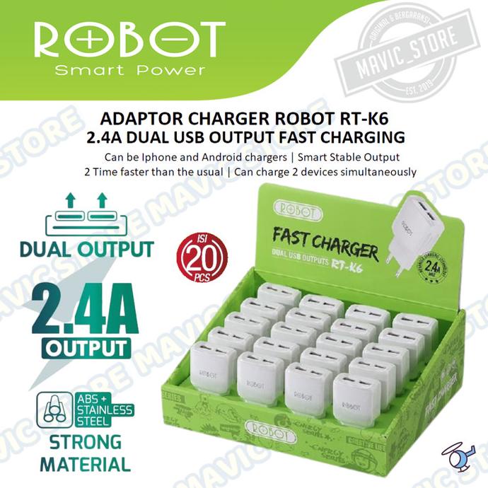 Jual Charger Fast Charging Robot RT K6 2 4A Dual Output 1 Box Isi 20