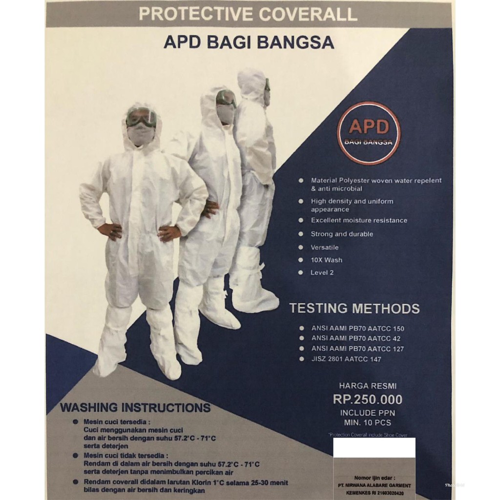 Jual BAJU APD STANDAR MEDIS HAZMAT SUIT ANTIVIRUS LEVEL 2 PROTECTIVE