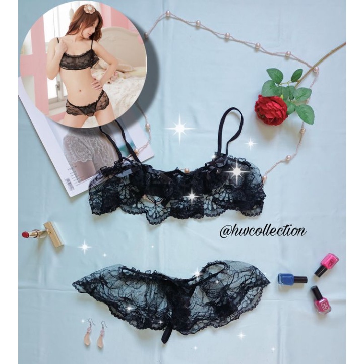 Jual HW Collection Lingerie Set Bra Dan G String Lace Cute Bow Transparan HWSET009 Shopee