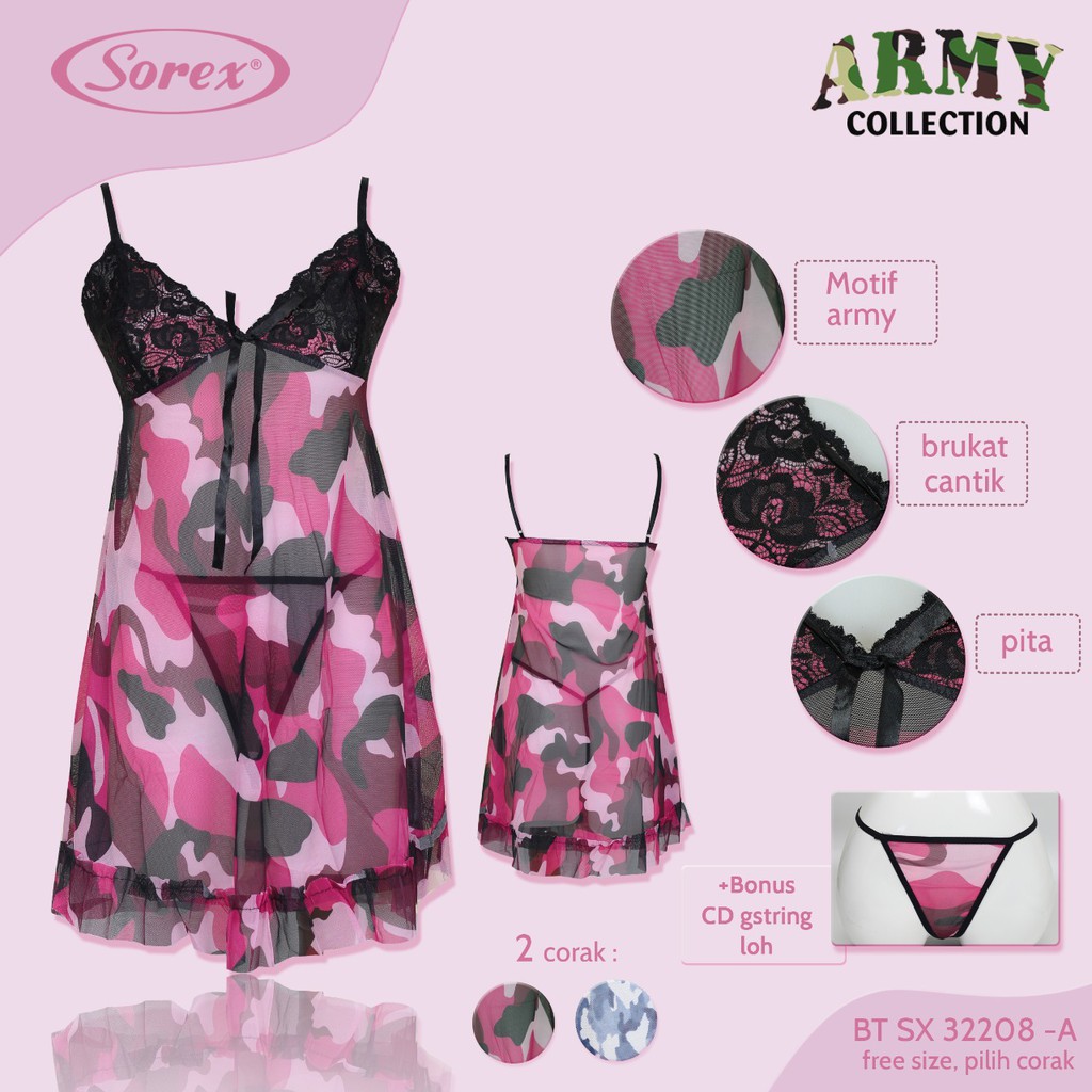 Jual Sorex Lingerie Baju Tidur Army Collection Brukat Free G String