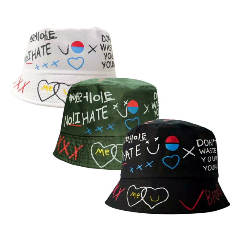 Jual Ash Shura Topi Bucket Korea Sablon Badas Bolak Balik Fisherman