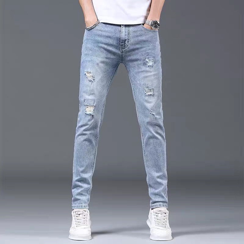 Jual Celana Jeans Pria SLIM FIT STANDAR STRETCH SOBEK Korean Style Biru