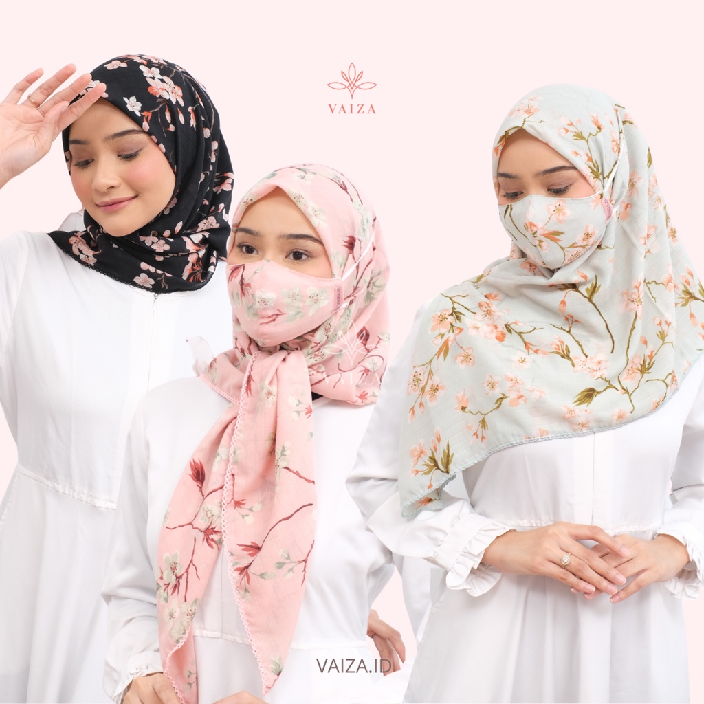 Jual Vaiza Cherry Blossom Set Hijab Segiempat Masker Duckbill